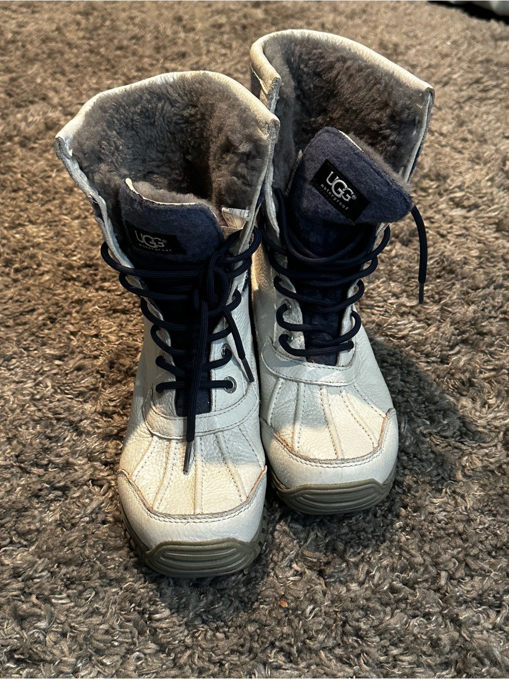 UGG Off-White Winter Lace-Up Boots with Navy Tongue